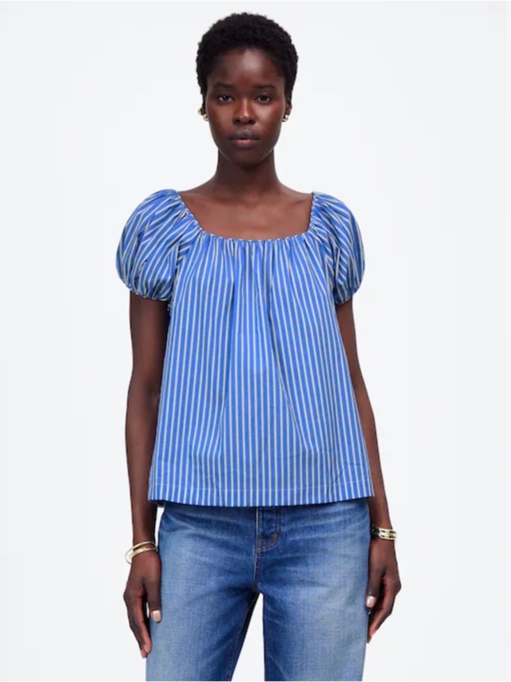 Madewell Blue and White Striped Puff-Sleeve Top